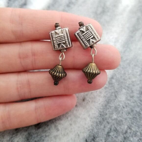 Vintage Small Dangle Post Earrings, Neutral Metalic, Textured Boho Style, Estate - Picture 1 of 5